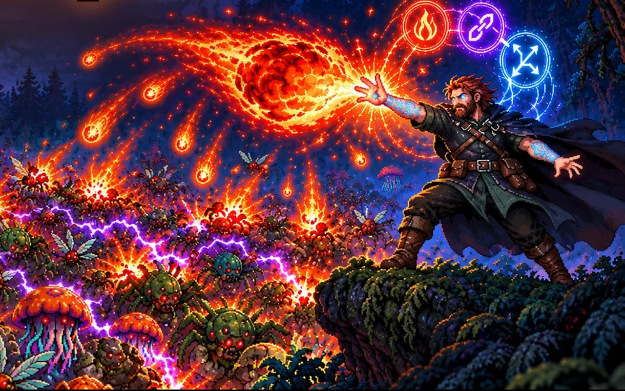 Key art: the mage on a mossy cliff hurls a huge fireball that rains burning meteors onto the horde below, fire and spell sigils glowing beside his hand.