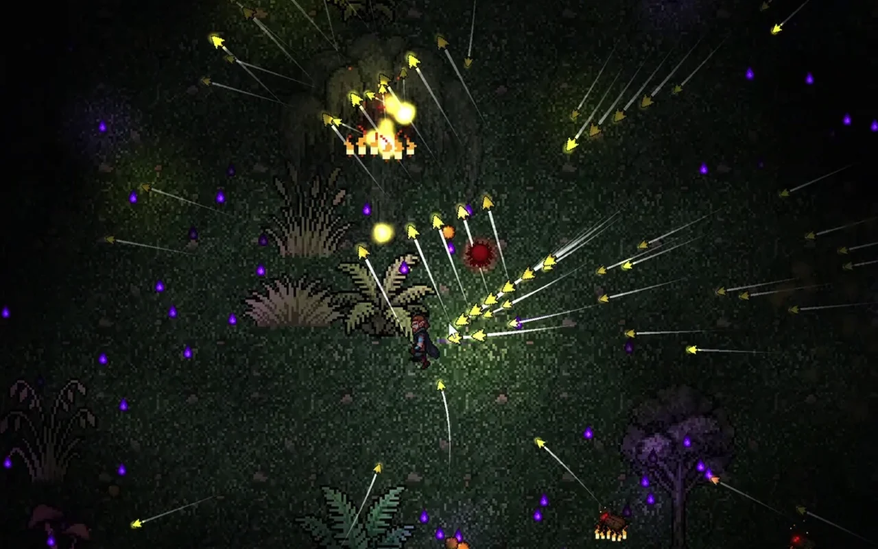 In-game screenshot of Hexwright: the mage fires a storm of glowing arrows in every direction while burning monsters close in.